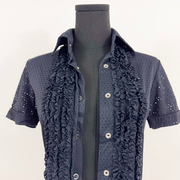 JEAN PAUL GAULTIER JPG BLACK BUTTON UP COLLARED SHIRT WITH RUFFLES - Picture 2 of 9